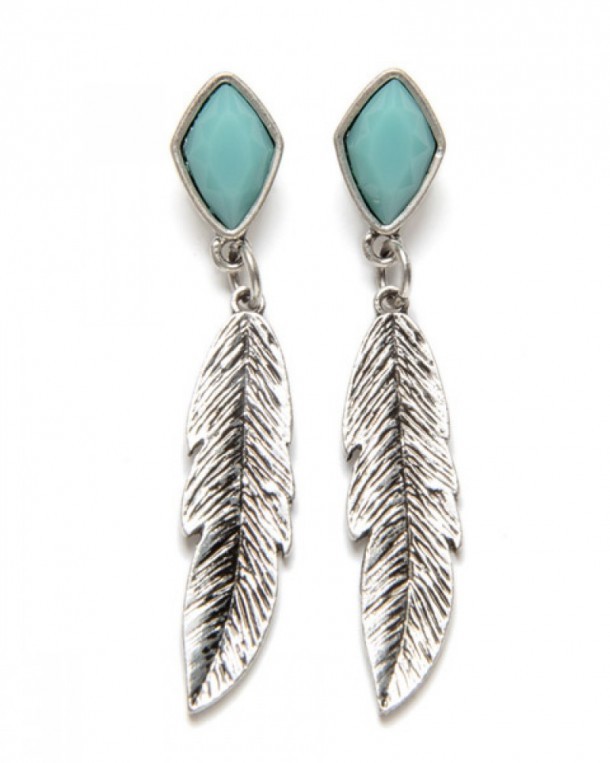 Cowgirl hanging feathers and blue decorative enamel earrings