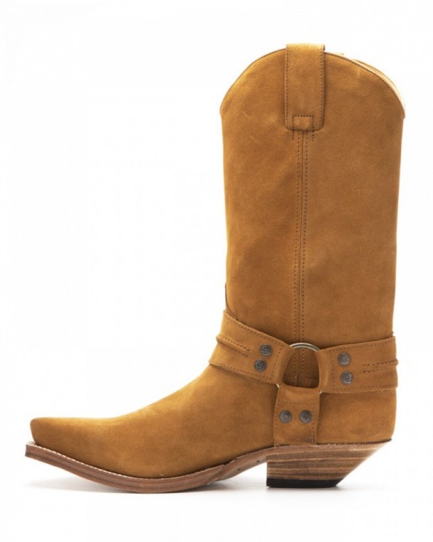 Mens Sendra camel colour suede low heel cowboy boots with matching straps