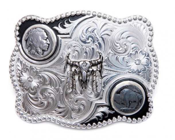 Silver plated Montana American belt buckle with feathered steer skull and buffalo nickel coin