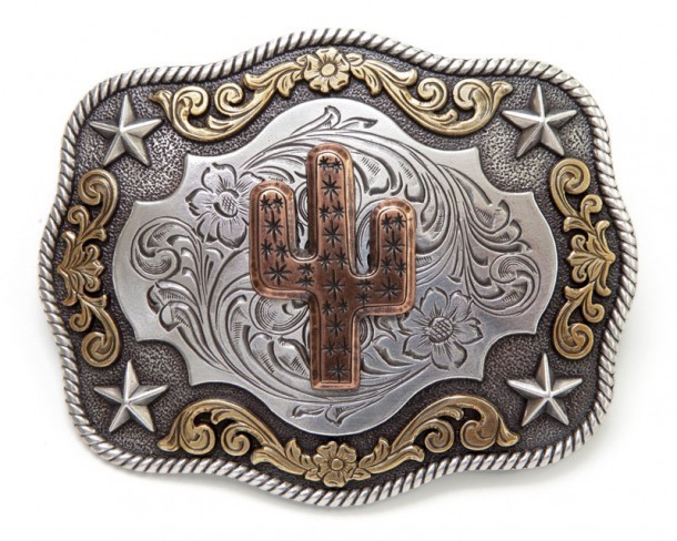 Copper tone cactus rectangular cowboy belt buckle with bicolor western scrolls
