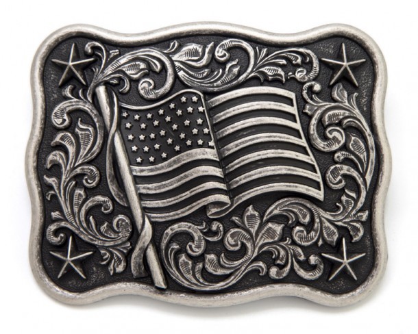 Poled waving USA flag with cowboy style scrolls distrssed metal belt buckle