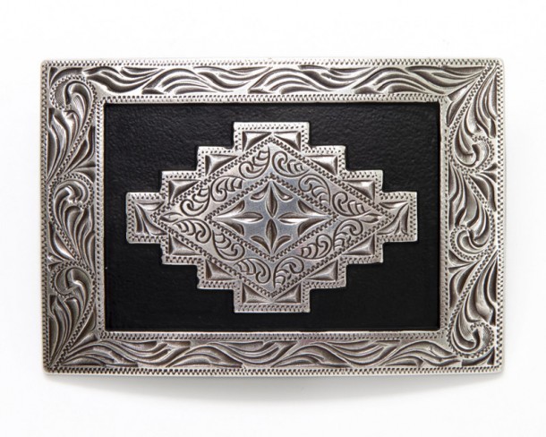 Tribal Navajo geometric engraved mosaic matt black background rectangular belt buckle