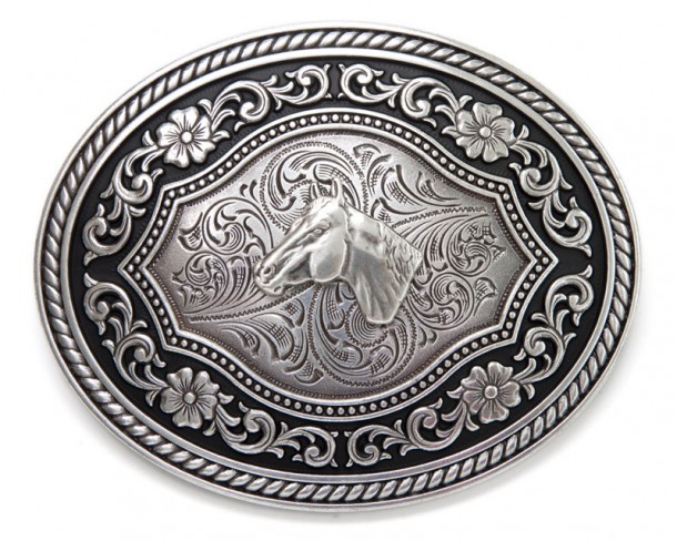 Big size Mexican charro style buckle with horsehead and floral scrolling