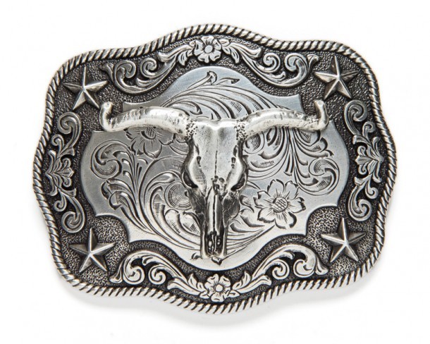 Big steer skull silver Nocona cowboy belt buckle with cornered stars