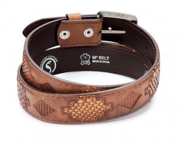 Unisex vintage brown leather belt with combined snake and lizard skin
