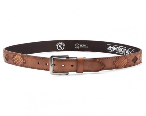 Unisex vintage brown leather belt with combined snake and lizard skin