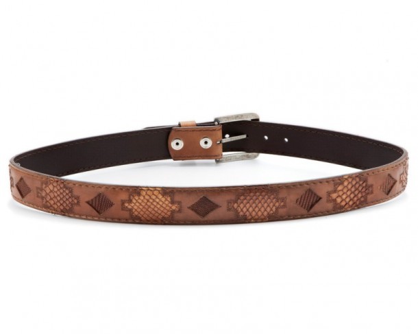 Cinturón marrón envejecido unisex con piel de serpiente e iguana