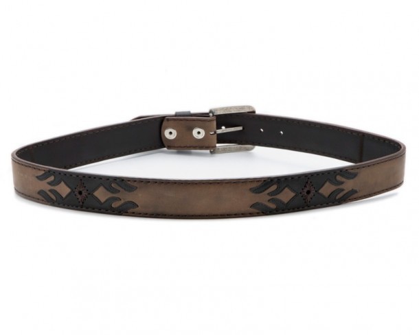 Tanned brown leather cowboy belt with black inlay Mexican tribal design and embroideries