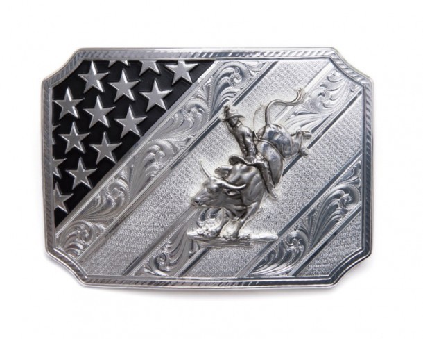 Montana silver plated bullrider rodeo style buckle with USA flag