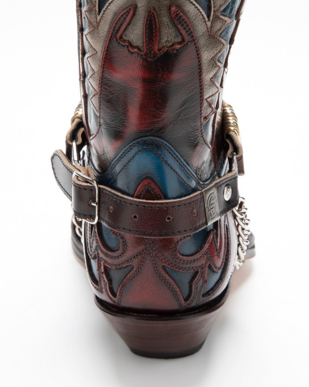 Sendra red leather cowboy boot straps with silver and golden metallic overlays