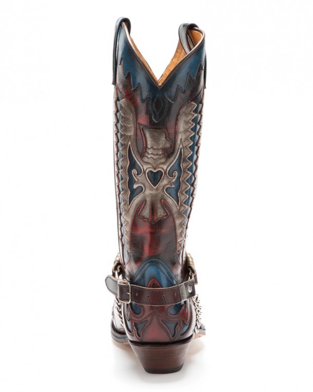 Sendra red leather cowboy boot straps with silver and golden metallic overlays