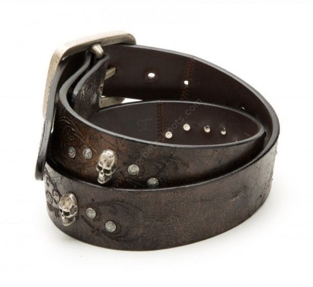 Sendra vintage brown leather belt with biker metallic skulls