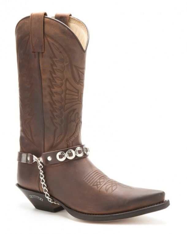 Sendra brown leather western boot straps with rounded shiny engraved conchos