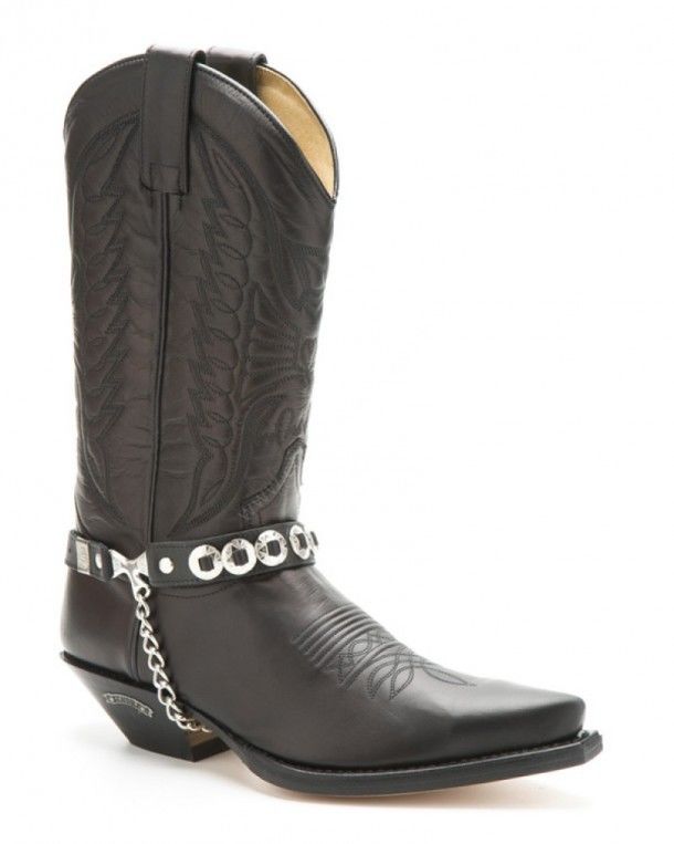 Sendra black leather western boot straps with rounded shiny engraved conchos