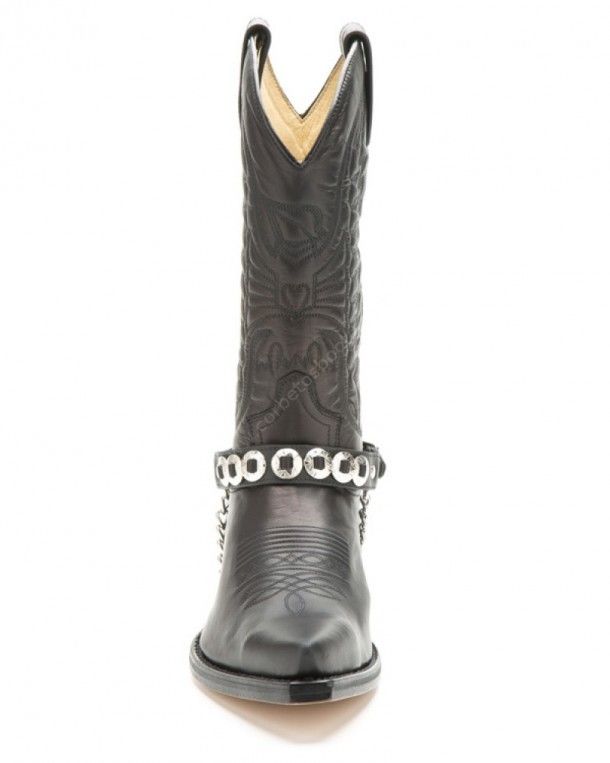 Sendra black leather western boot straps with rounded shiny engraved conchos