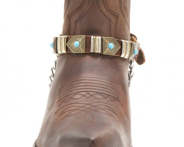 Sendra brown leather boot straps with antique gold mosaics and blue pearls