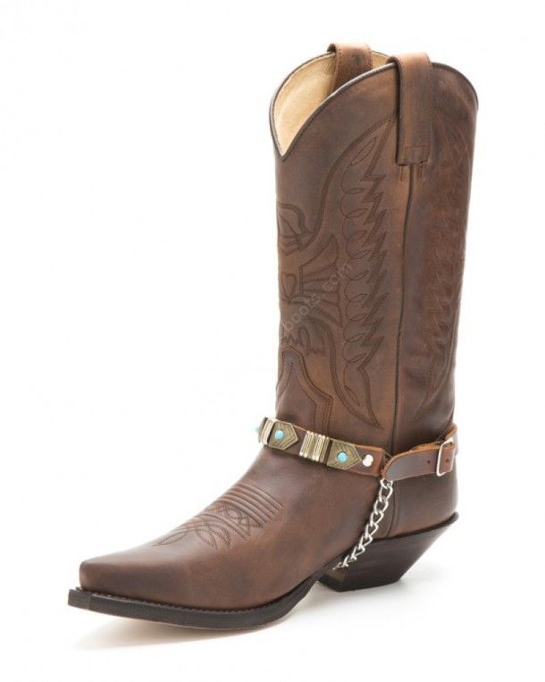 Sendra brown leather boot straps with antique gold mosaics and blue pearls