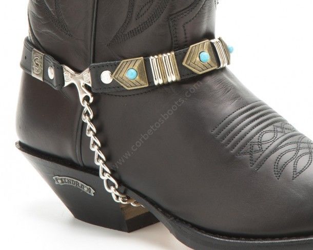Sendra black leather boot straps with brass mosaics and turquoise beads