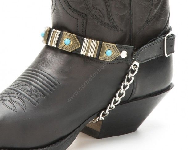 Sendra black leather boot straps with brass mosaics and turquoise beads