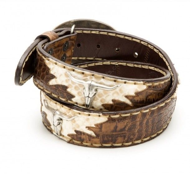 Sendra light brown crocodile print cow leather belt with oval longhorn skull buckle
