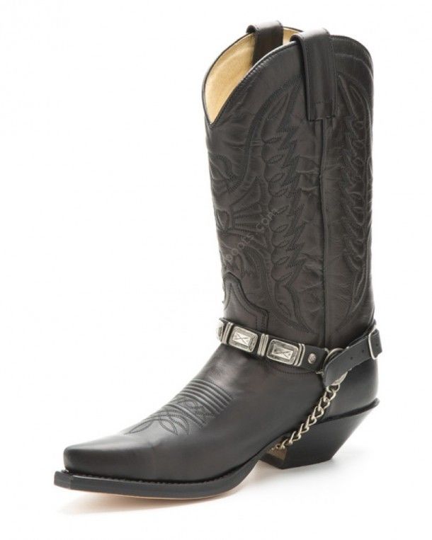 Sendra black leather cowboy straps with rectangular distressed concho
