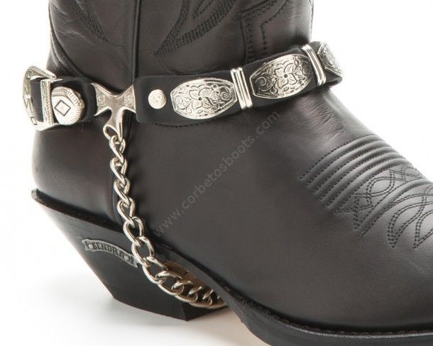 Double buckle two piece set Sendra black straps with engraved flower scrolls