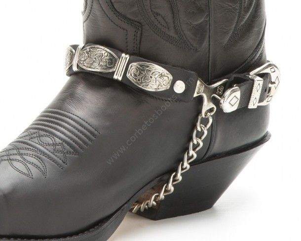 Double buckle two piece set Sendra black straps with engraved flower scrolls