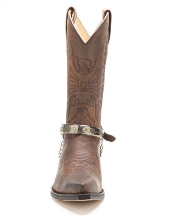 Sendra brown leather cowboy boot straps with Navajo style engraved mosaic