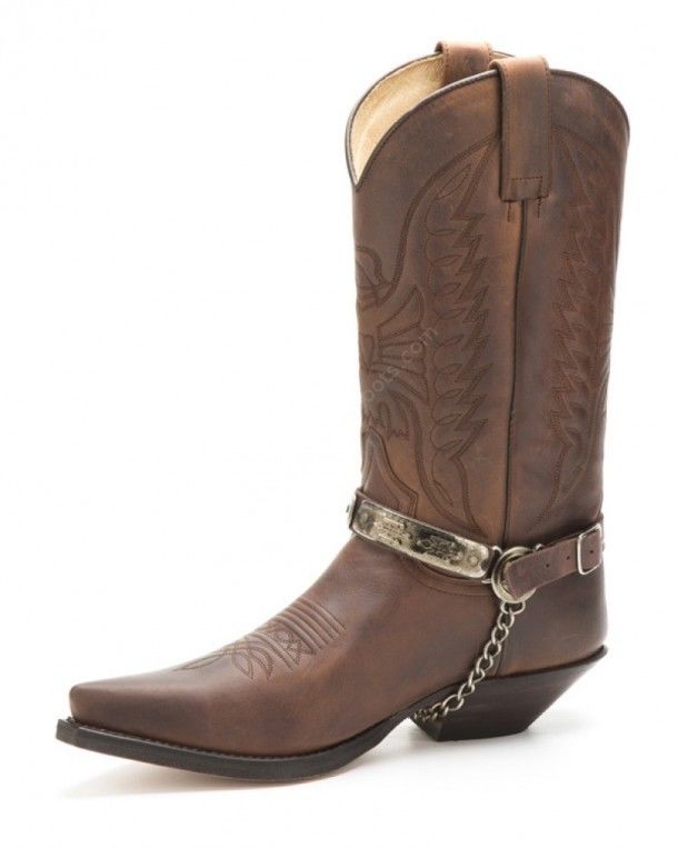 Sendra brown leather cowboy boot straps with Navajo style engraved mosaic