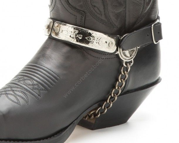Sendra black leather cowboy boot straps with Navajo style engraved mosaic