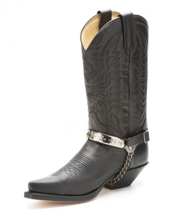 Sendra black leather cowboy boot straps with Navajo style engraved mosaic