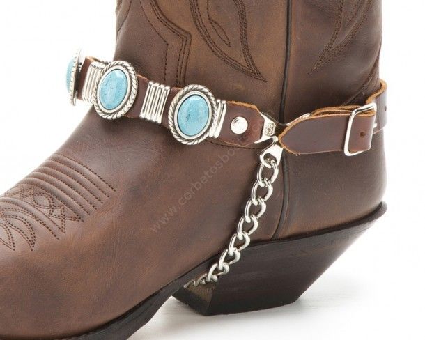 Brown leather cowboy boot straps with oval turquoise stones