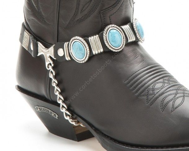 Black leather cowboy boot straps with oval turquoise stones