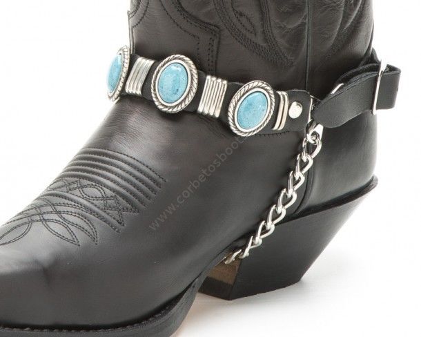 Black leather cowboy boot straps with oval turquoise stones