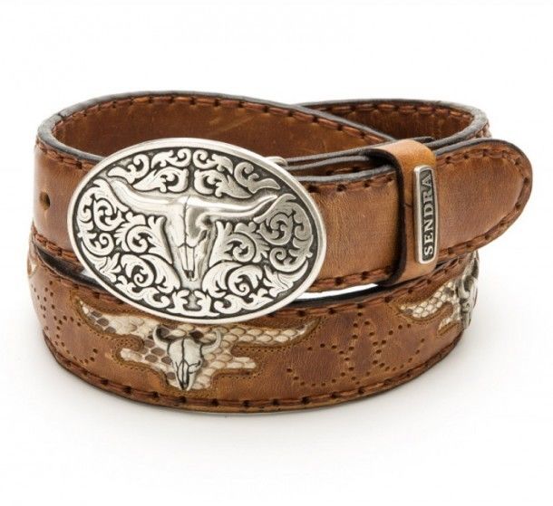Tanned orange brown leather Sendra belt with snake skin and longhorn decoration