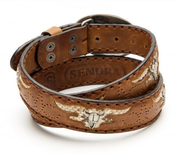 Tanned orange brown leather Sendra belt with snake skin and longhorn decoration