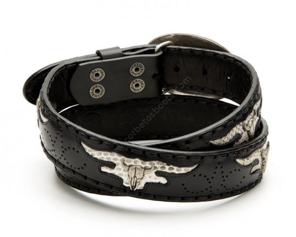Black leather western Sendra belt with cow skull buckle and studs