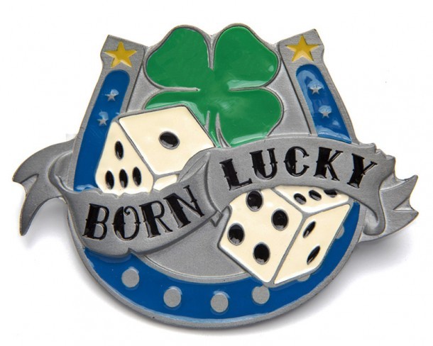 Lucky horseshoe rocker belt buckle with four leaf clover and dices