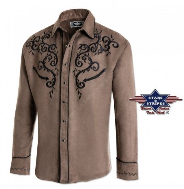 Stars & Stripes mens khaki brown velvet touch western shirt