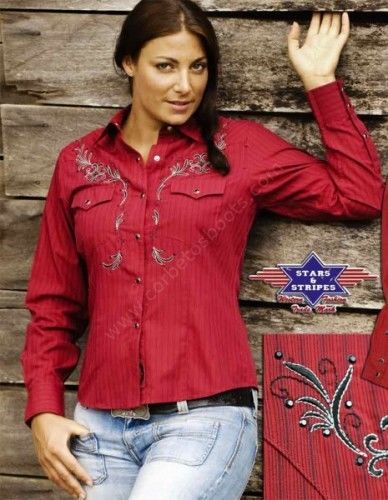 Stars & Stripes red cowgirl long sleeve shirt with black thin stripes and embroideries