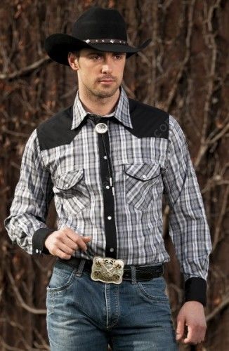 Brian - Stars & Stripes mens grey plaid western shirt