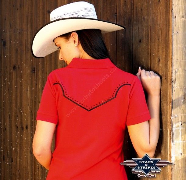 50-CAITLIN | Stars & Stripes womens red polo shirt with western yoke
