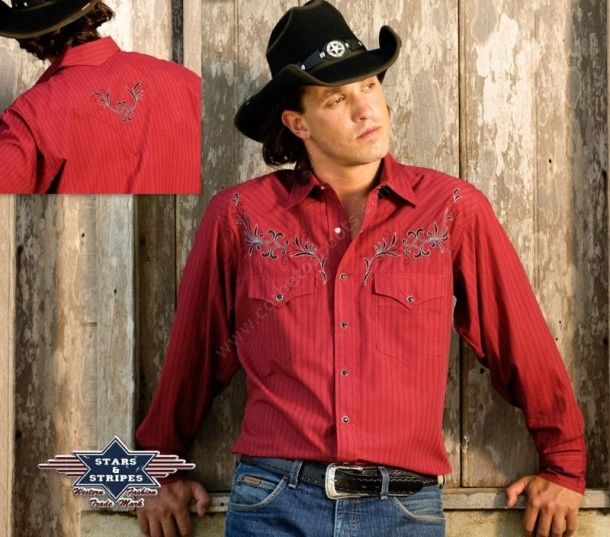 Stars & Stripes mens red long-sleeved embroidered cowboy shirt