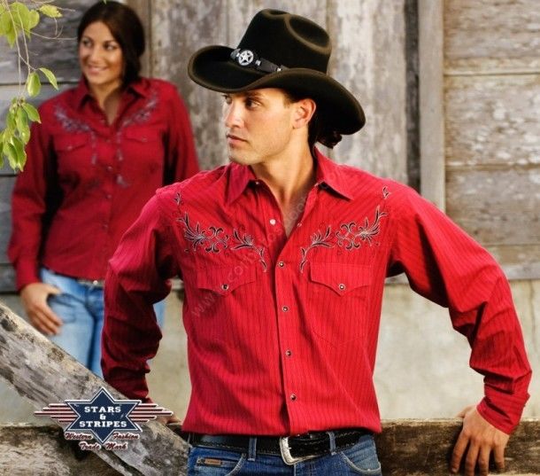 Camisa cowboy para hombre Stars & Stripes roja con bordados
