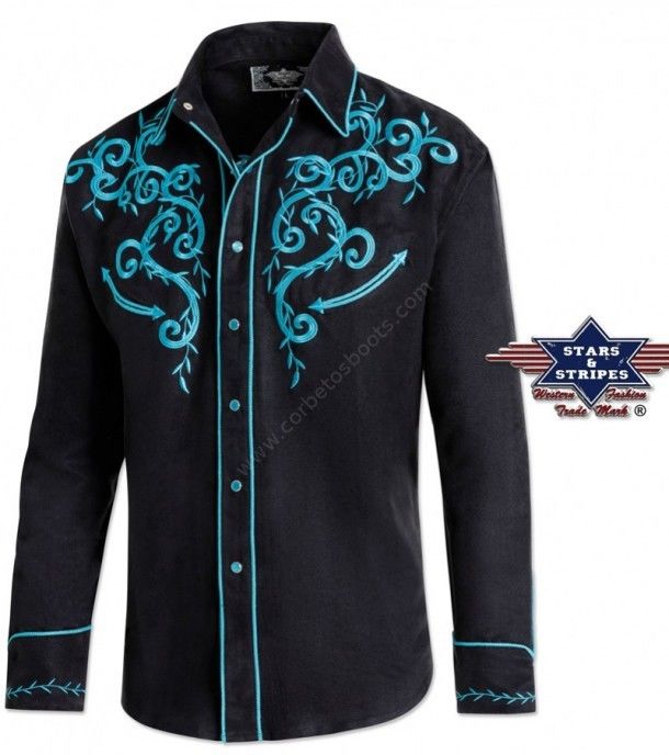 Stars & Stripes mens black cowboy shirt with blue embroidery
