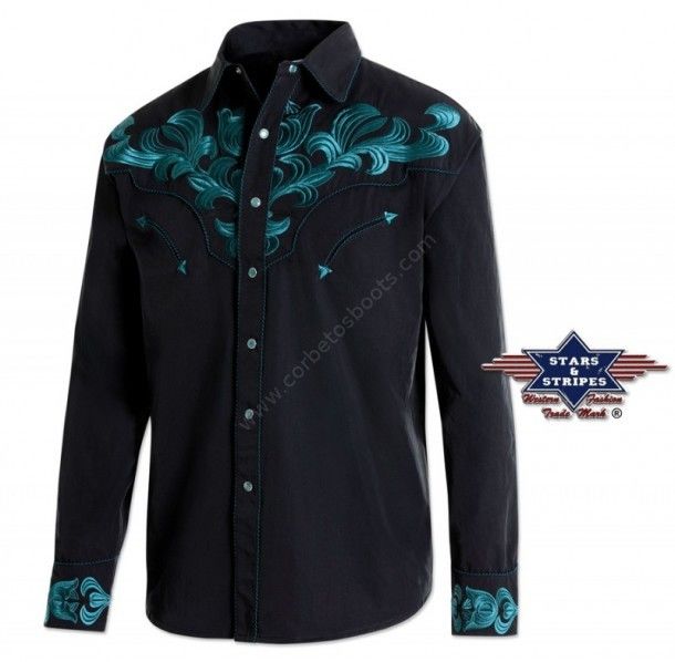 Buy at our online shop this impressive rocker mens long-sleeved black western shirt with blue embroidery. Might as well fit to all line dancers! 