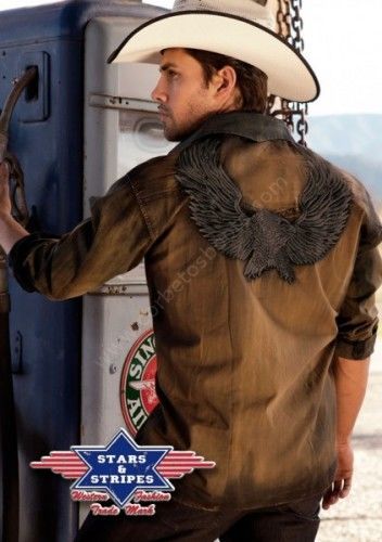 Mens distressed look denim shirt with embroidered eagle