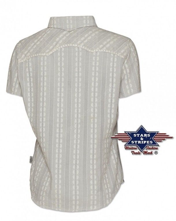 Puedes comprar en nuestra tienda online esta camisa vaquera Stars & Stripes para chica de manga corta de tejido ligero y con brocados blancos.