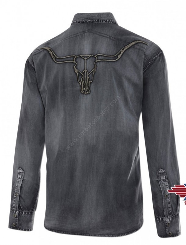 Grey denim cowboy mens shirt with embroidered steer skull