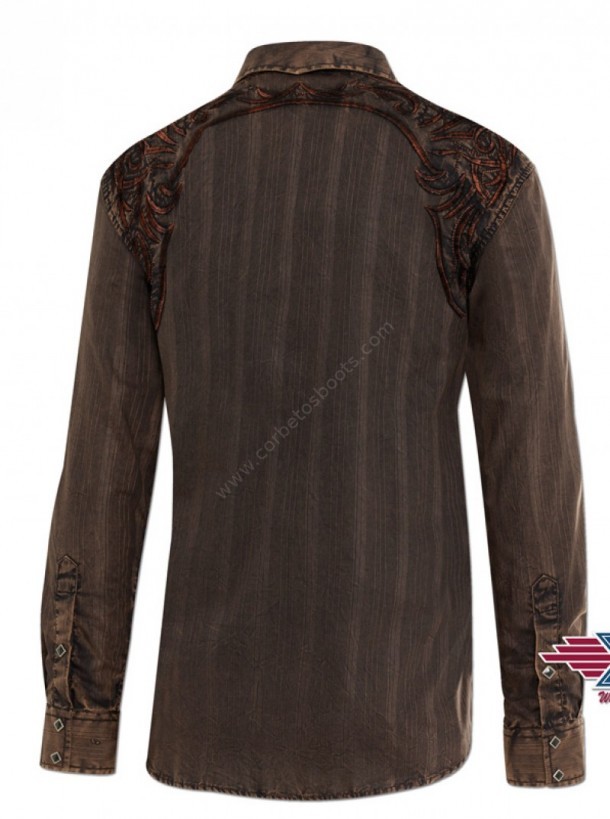 Mens washed look brown western shirt with distressed striped embroidery